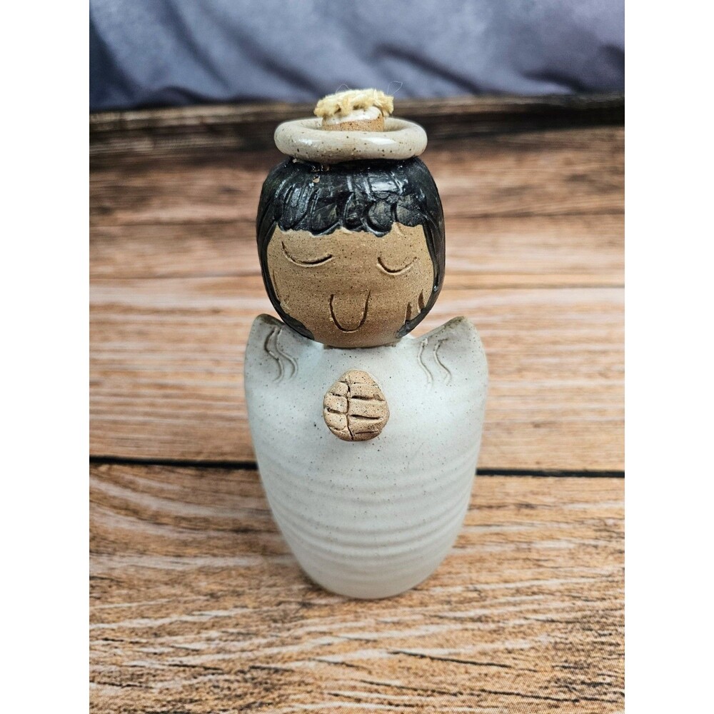 Vintage 80s Praying Angel Open Flame Oil Candle Clay Art Pottery Signed 8”
